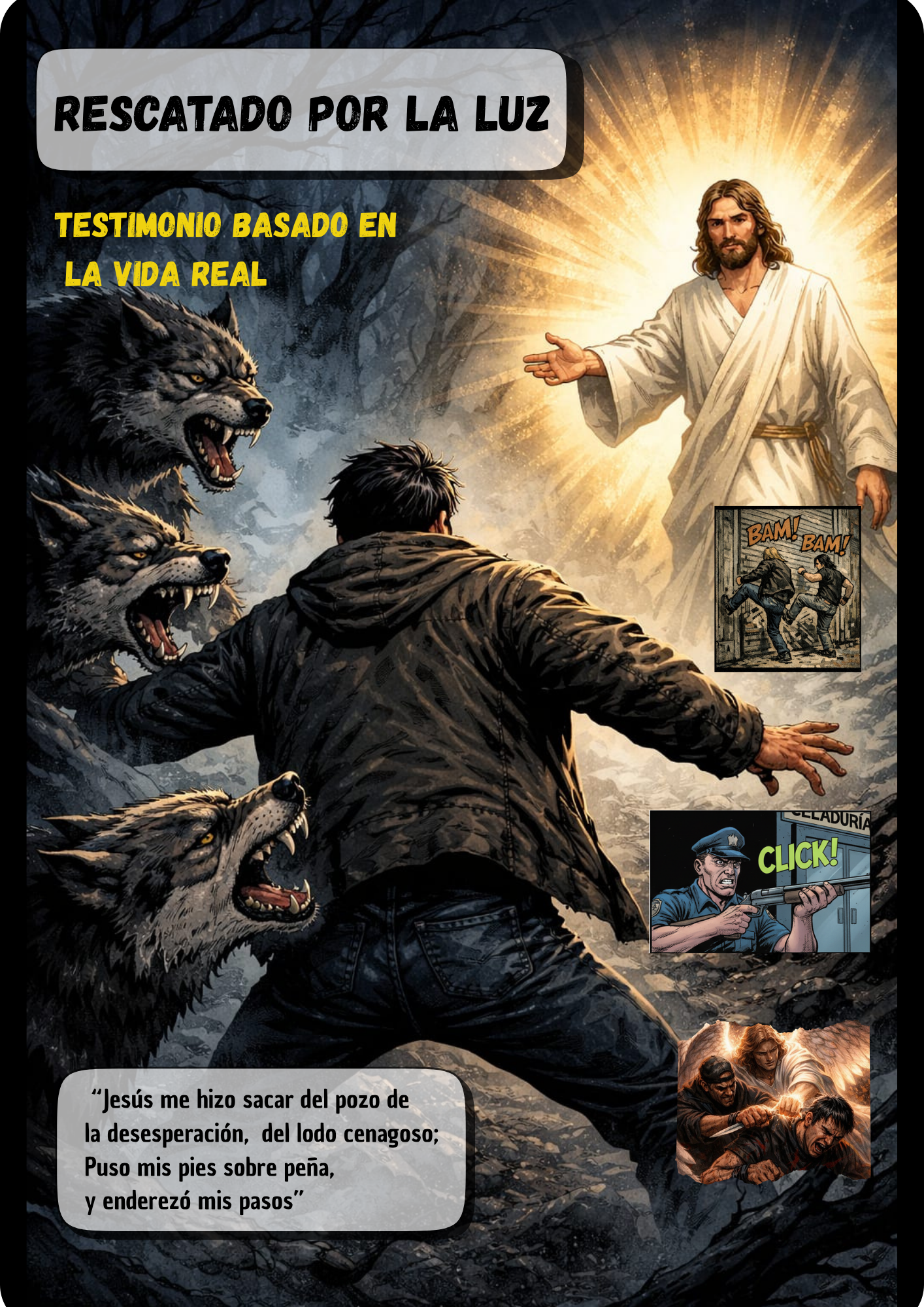 hombre siendo Rescatado por la luz de Cristo de la Jauría de lobos